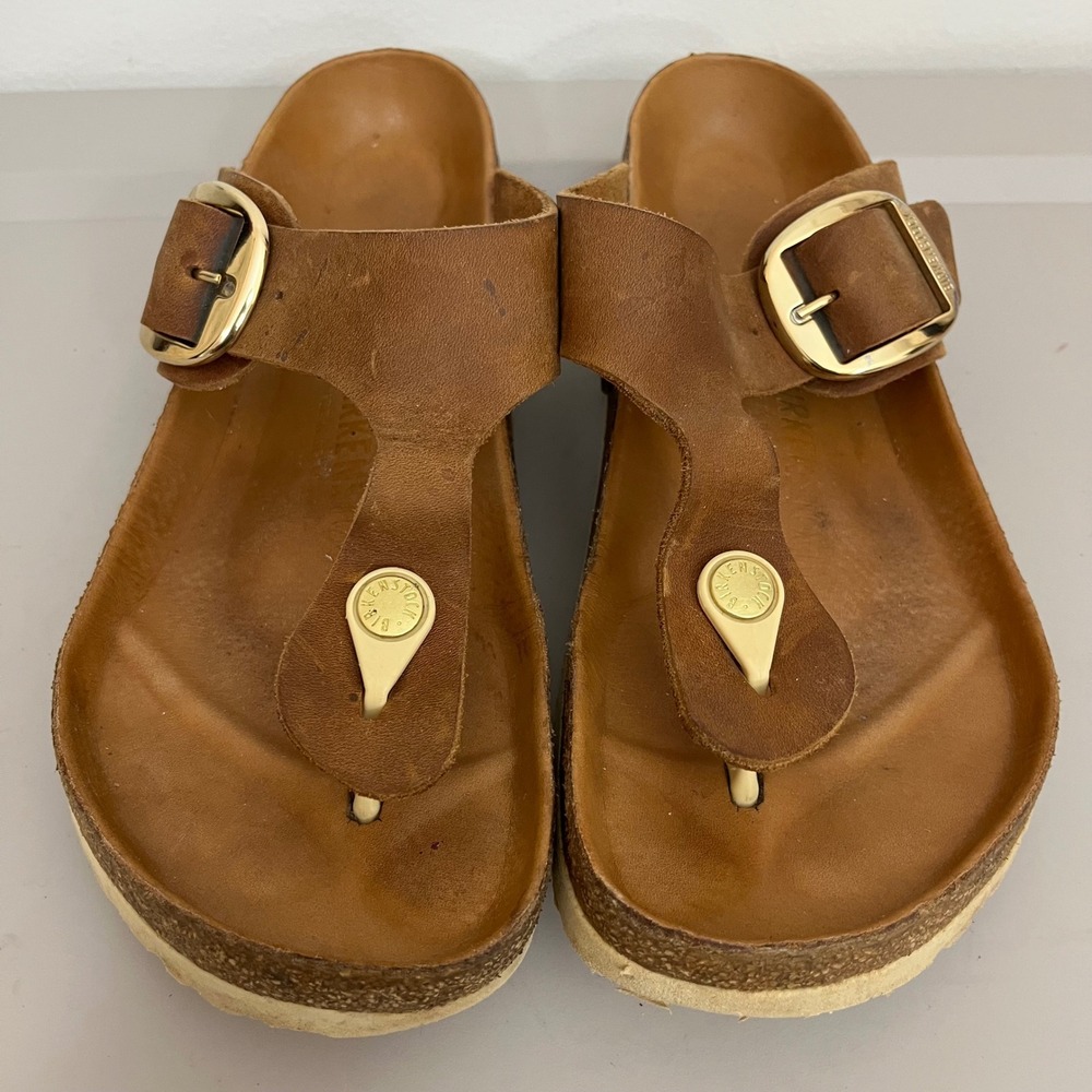 Birkenstock Gizeh Big Buckle Sandals 40 Brown Oiled Leather Thong Comfort